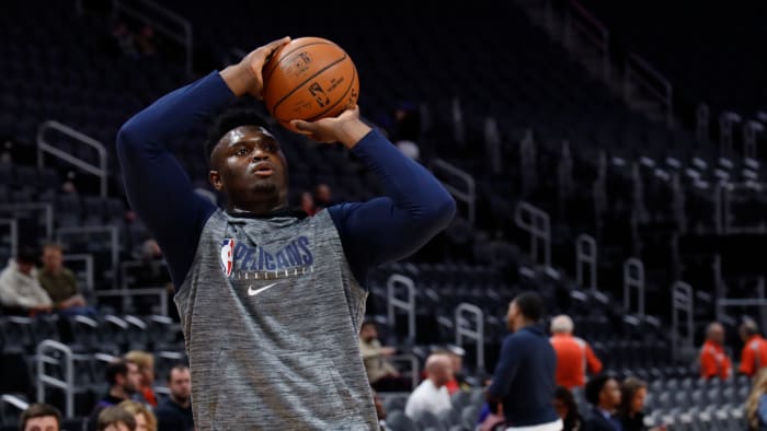 New Orleans Pelicans forward Zion Williamson during warm ups prior to the game against the Detroit Pistons at Little Caesars Arena.